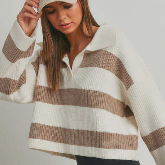 White and Tan stripe Crop Sweater