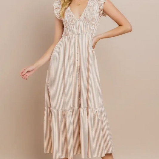 Cream and Tan Striped Dress